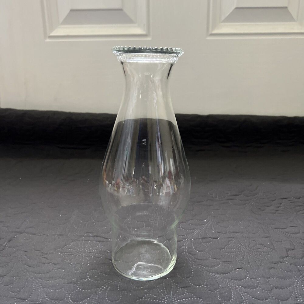 VTG Anchor Hocking Prescut Clear Glass Hurricane Lamp Chimney Beaded Top Vase